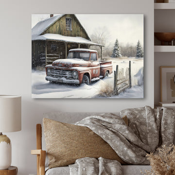 Old Truck At The Barn In Winter I - Pickup Truck Canvas Wall Art